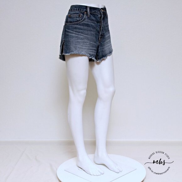 BDG Mid Rise Breezy Cotton Fray Hem Side Slit Denim Shorts - Picture 1 of 10